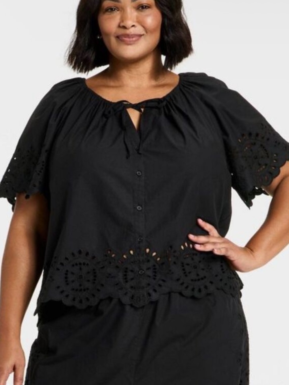 A New Day Black Eyelet Peasant Top - Women's Plus Size